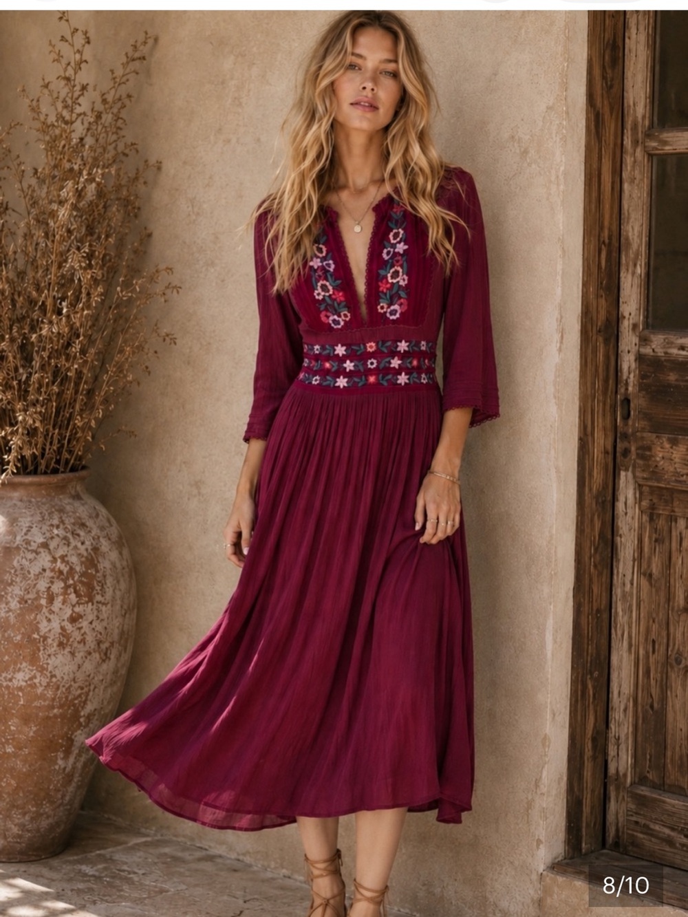 Free People Sway with me Burgundy Embroidered velvet, Long-Sleeve Midi Dres